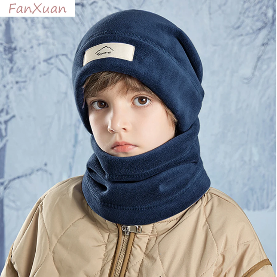 

2pcs children winter hats snood set plush super soft warm solid color kids winter beanies hats girls boys winter caps 8-15Years