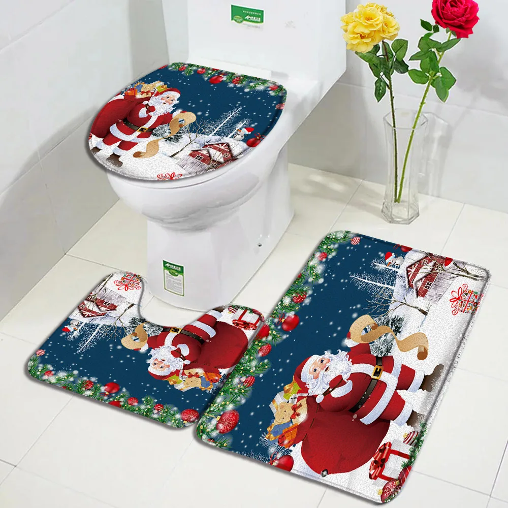 Christmas Bath Mat Set Cute Snowman Santa Claus Winter Forest Cedar Xmas Trees New Year Carpet Bathroom Decor Rugs Toilet Cover