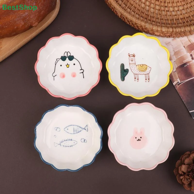 ☭Cute Cartoon Ceramic Sauce Dishes,Flower Shaped Small Dipping Bowls with Animal Prints,Cute Snack Bowls for Kitchen