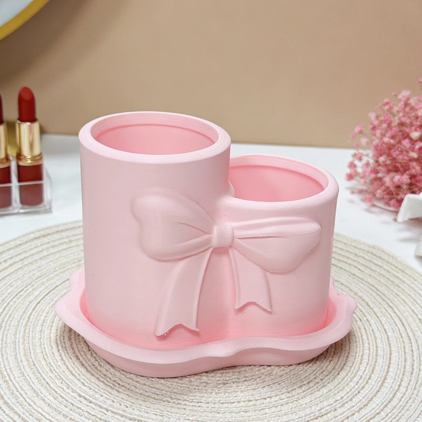 Bow Decor Double Cup Makeup Brush Holder,Cute 2-Compartment Vanity Organizer,Multi-Functional Desk Storage for Cosmetics and Pan