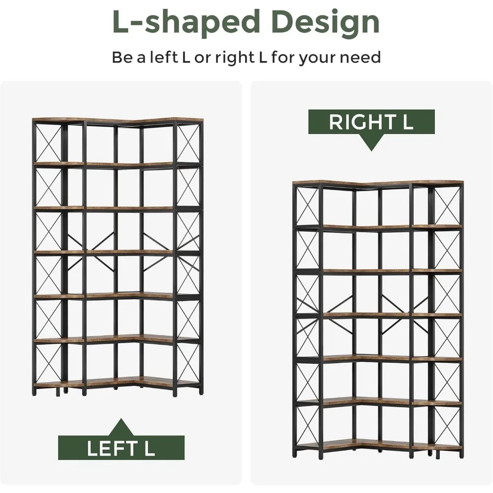 Двусторонняя угловая книжная полка с 7 полками, современный промышленный высокий книжный шкаф, 7-уровневая большая L-образная полка для хранения с металлической полкой