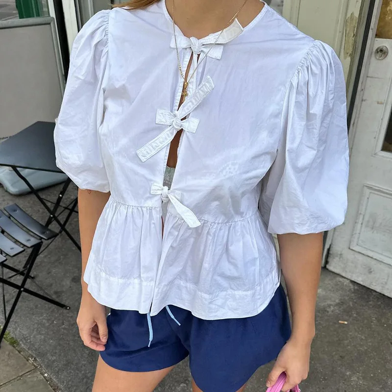 Sweet style lace up round neck bubble sleeve hollow out short sleeved versatile shirt for women