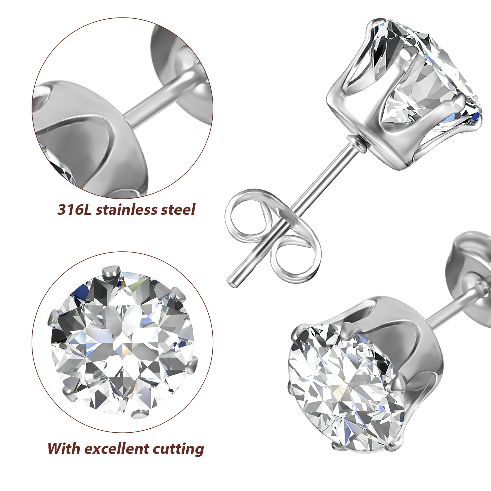 Cubic Zirconia Princess Stud Earrings for Women – 12 Pairs Stainless Steel Hypoallergenic