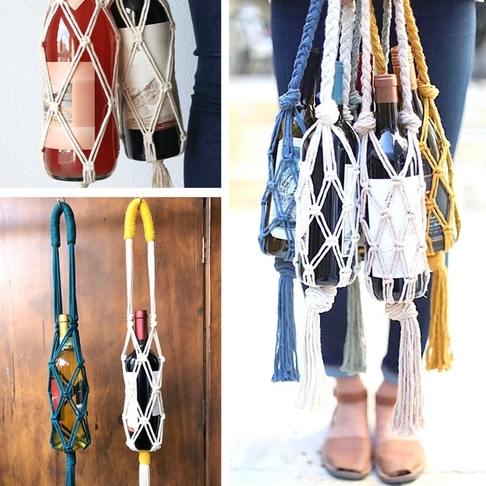 Bar Decor Hand Knitting Wine Bottle Holder Cotton Rope Bohemian Style Bottle Storage Bag Bottle Tote Bag Hiking Activity