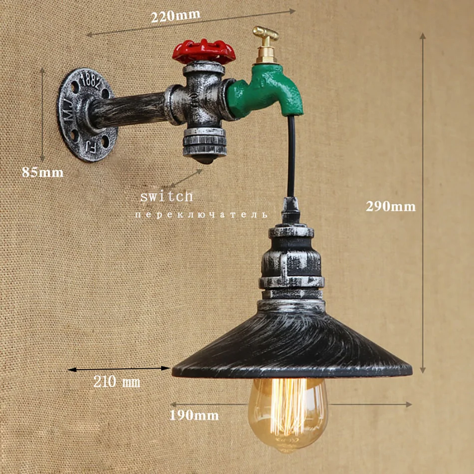 Retro Iron With Switch Steampunk Water Pipe Vintage Loft Wall Lamp E27 110V / 220V Led Lights For Bedroom Living Room Bar Bed