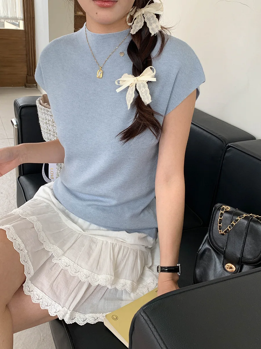 Nuovo maglione lavorato a maglia pullover a maniche corte casual estivo per donna