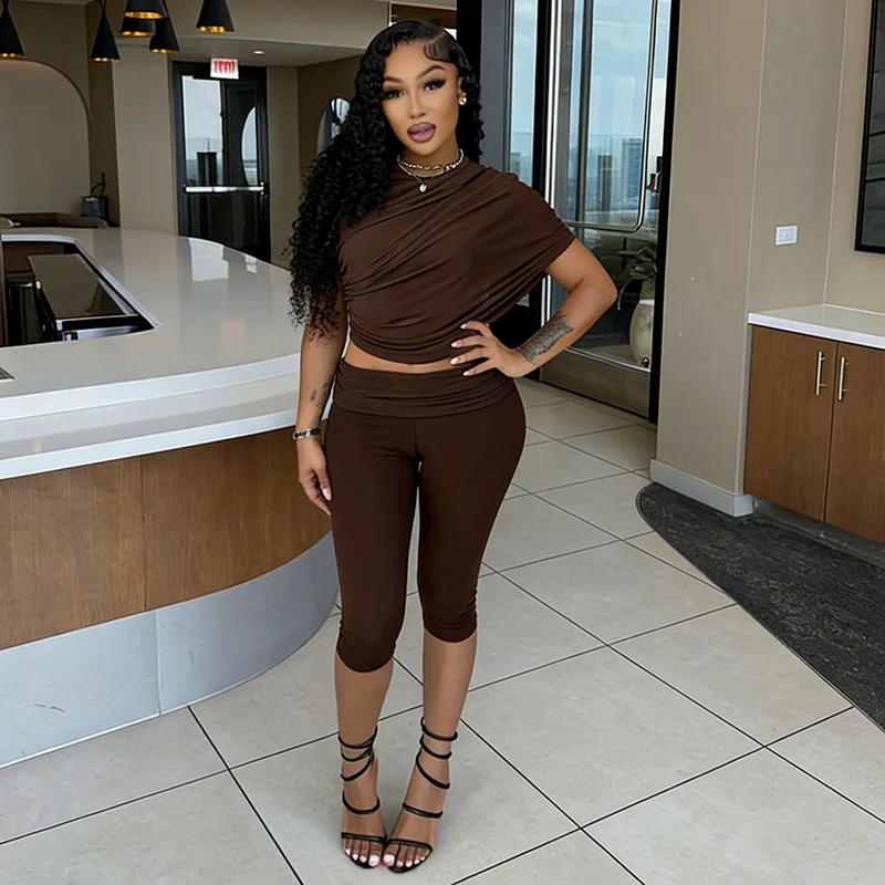 Ruched Mesh Patchwork Solid 2 Piece Set Women Fashion O Neck Irregular Short Sleeve T-shirts Crop Tops + Calf-length Pants Suits