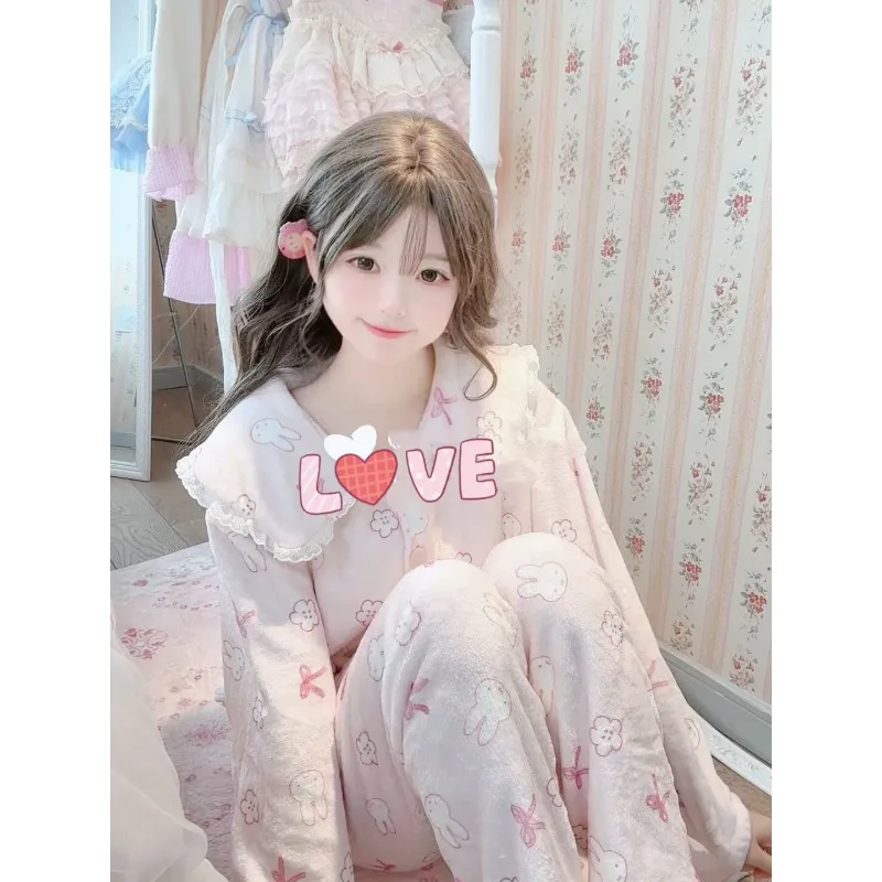 Kawaii Nijntje Flanellen Pyjama Set voor Dames - Gezellige Cartoon Bunny Winter Nachtkleding Sweetheart Girly Loungewear met Pluche Zakken