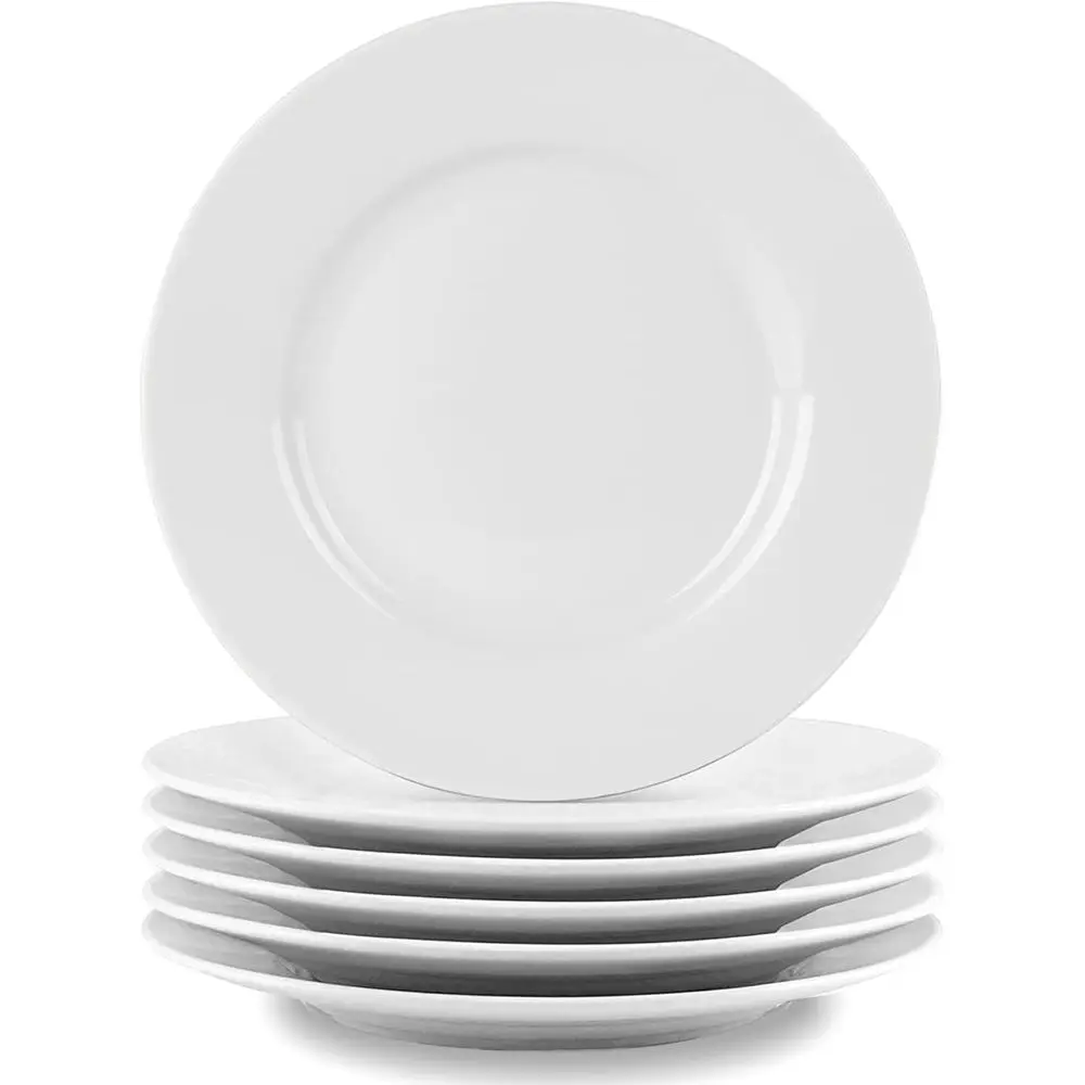 6-Piece White Porcelain Salad Plates Set, Classic Round Design, Wide Rim, Lead-Free, Safe for Dishwasher, Microwave, Freezer, Ov