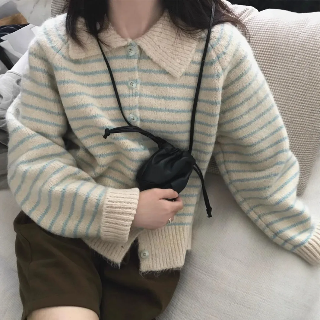 

Cardigan Women Sweaters Coats Striped Turn Down Collar Jumpers Coat Y2k Streetwear Elegant Splice Knit Open Stith Autumn Winter