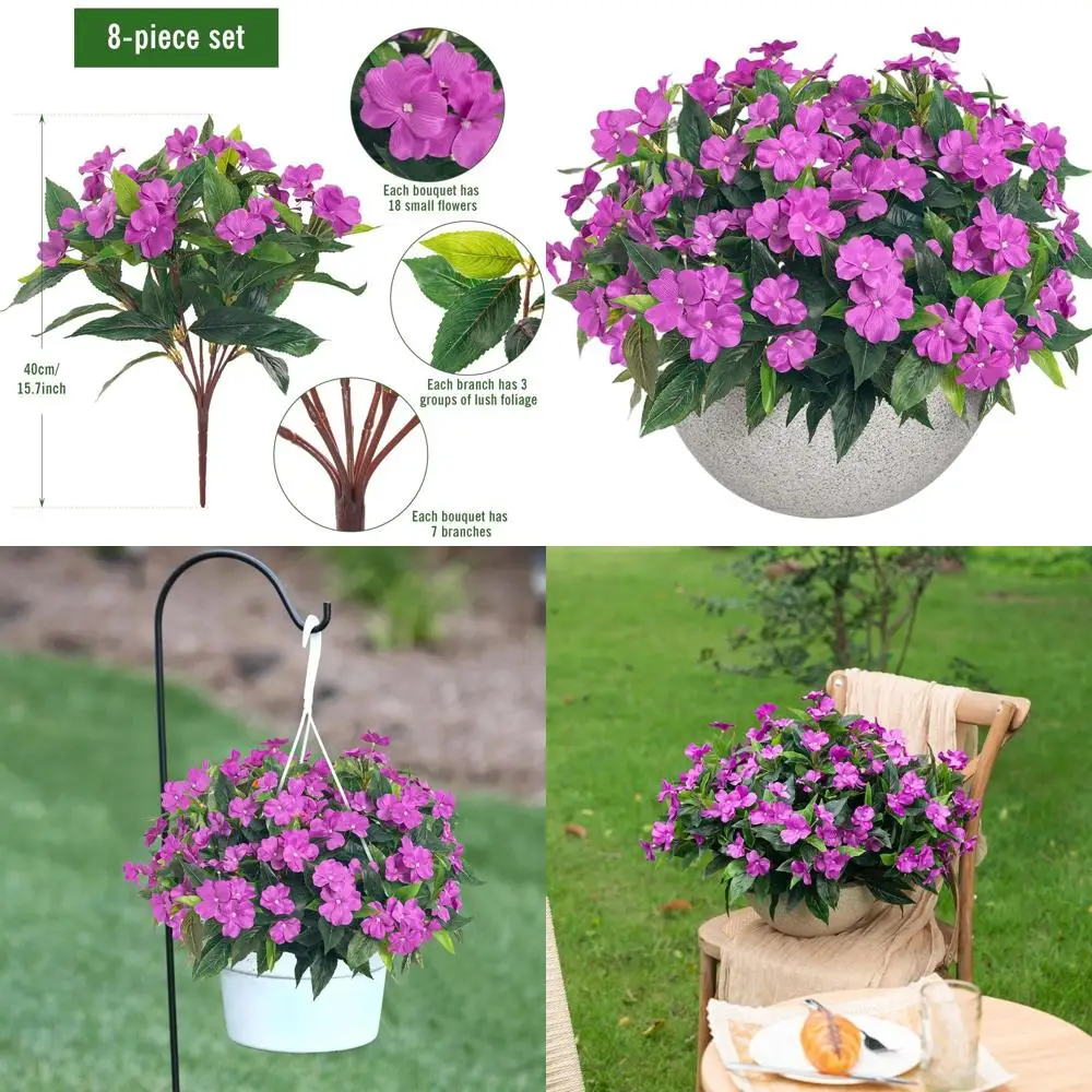 

Искусственный букет импатиенс из шелка для улицы/интерьера, 15,7 дюйма, набор из 8 предметов для весеннего цветочного декора