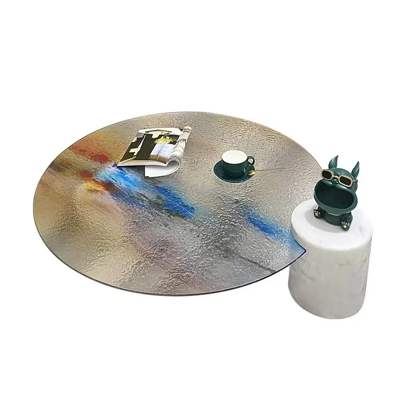 

Light luxury high end water ripple coffee table crystal glass round air instant noodles minimalist marble designer