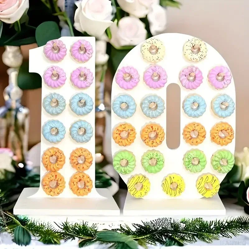 Donut Wall Display Donut Stand for Birthday Parties Wood Number Shaped Dessert Candy Bar Holder Baby Shower Party Decoration