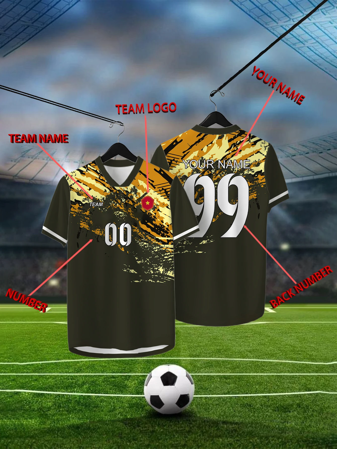 

Customized Geometric Black Short Sleeved Shirt with Team Name, Emblem, Name and Number, Outdoor Sports Short Sleeved T-shirt