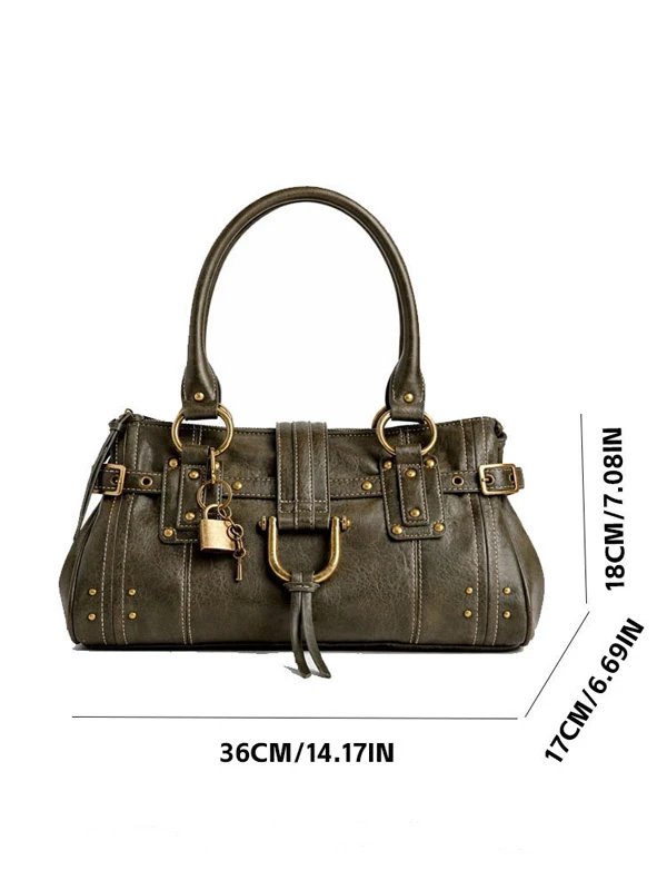 SHELKSBAG Western Style Handbag Tote Bag For Women Vintage Y2K Distressed PU Leather Rivet Lock Charm Retro Motorcycle Hand Bag