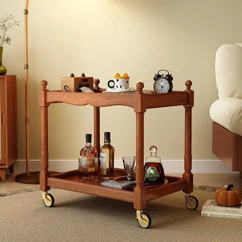 French retro style solid wood movable coffee table living room sofa corner table mobile trolley