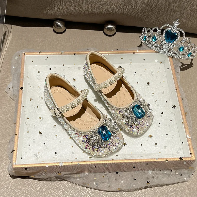 Bling Girls Shoes Mary Janes Anti-Slip Fashion Crystal Sequins Joyous Ceremony Party Shoes School Dress Shoe