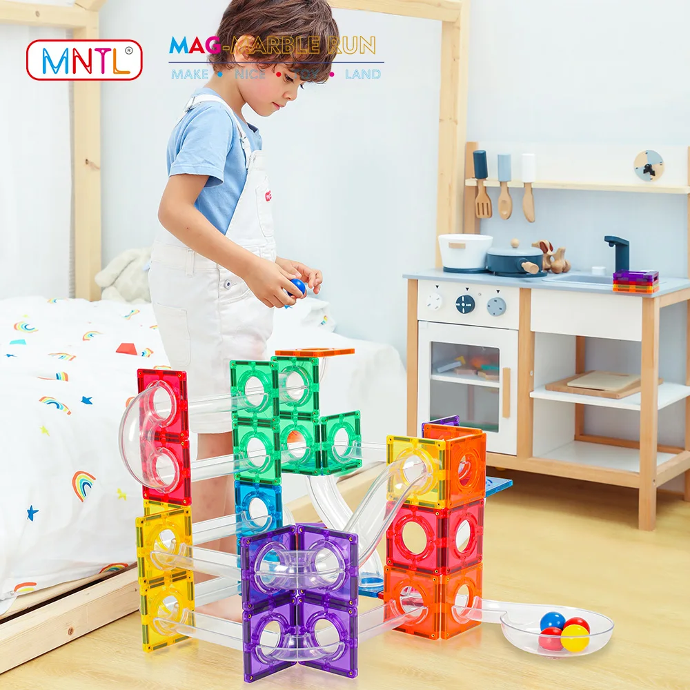 MNTL 100Pcs Marble Run Track Toys Magnetic Tiles STEM Magnet Building Blocks Race Ball Game Kids Boy Girl Children Toddler Gifts