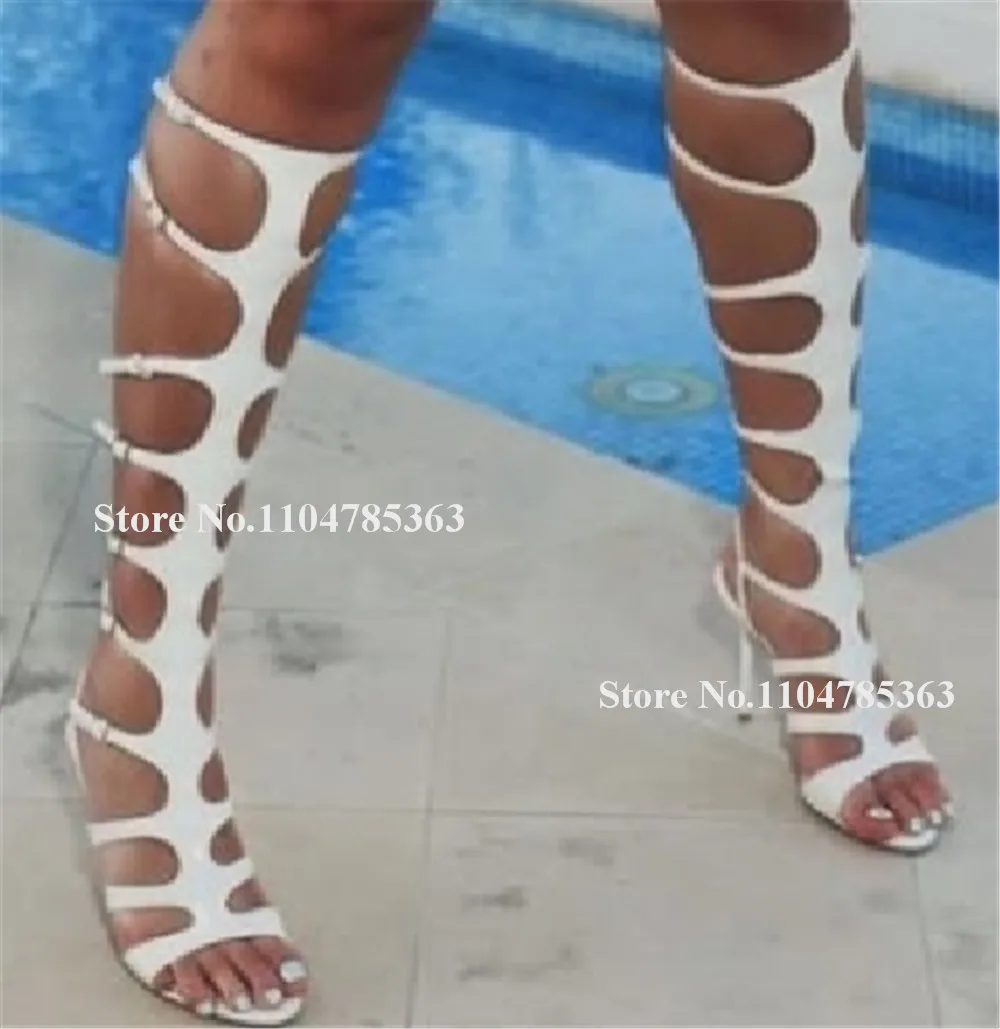 

Sexy Cut-out Strappy Buckle Stiletto Heel Knee High Gladiator Boots Peep Toe White Black Leather Thin Heel Long Sandal Boots