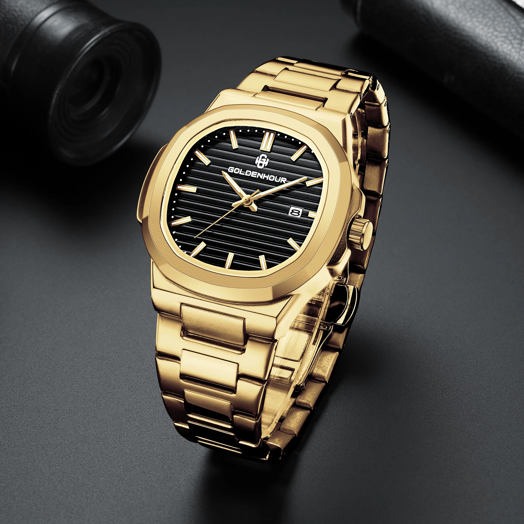 GOLDEN HOUR Brand Luxury Business Men Watches Gold Stainless Steel Waterproof Quartz Watch Luminous Date Men's Fashion Wristwatc