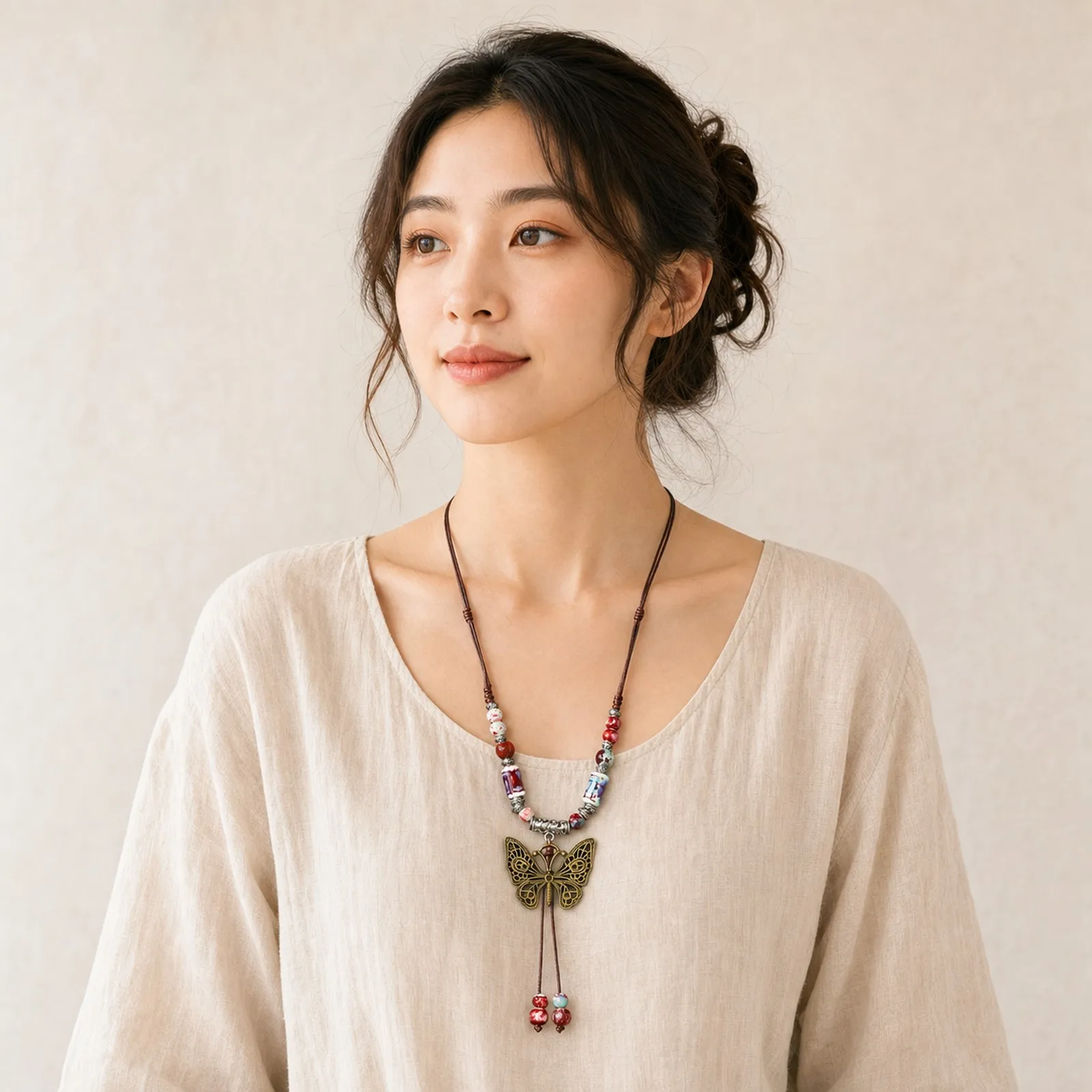 Handmade Ceramic Butterfly Pendant Necklace with Adjustable Wax Cord Hand Woven Design and Metal Fittings Y260705-15