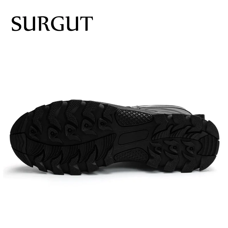 SURGUT High Top Style Snow Boots Men Warm Men Lace Up Tactical Boots Brand Fashion Winter Ankle Boots Leather Outdoor Footwear