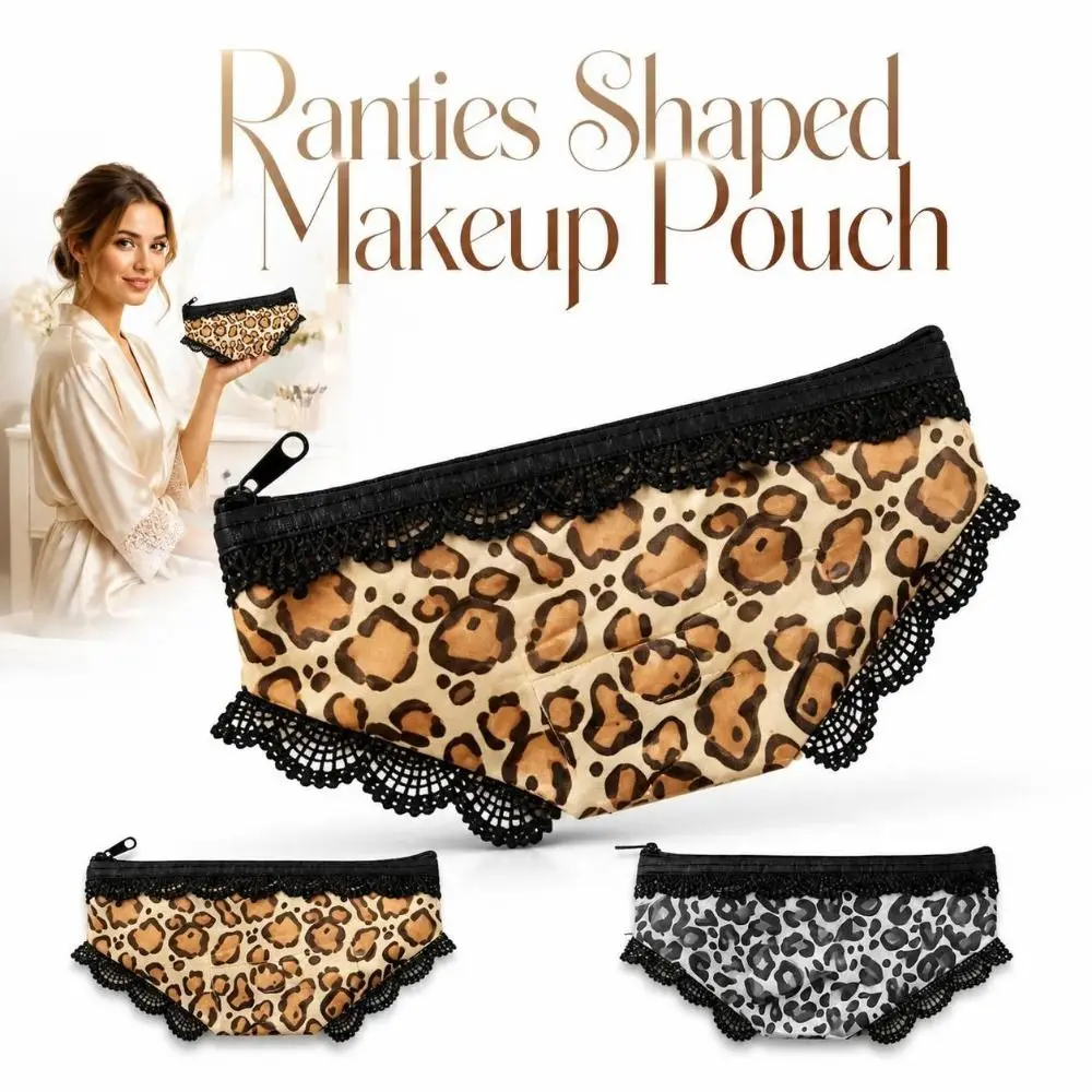 Leopard Print Panties Shaped Makeup Pouch Lace Trimmed Portable Mesh Cosmetic Bag Zippered Lightweight Storage Pouch Travel