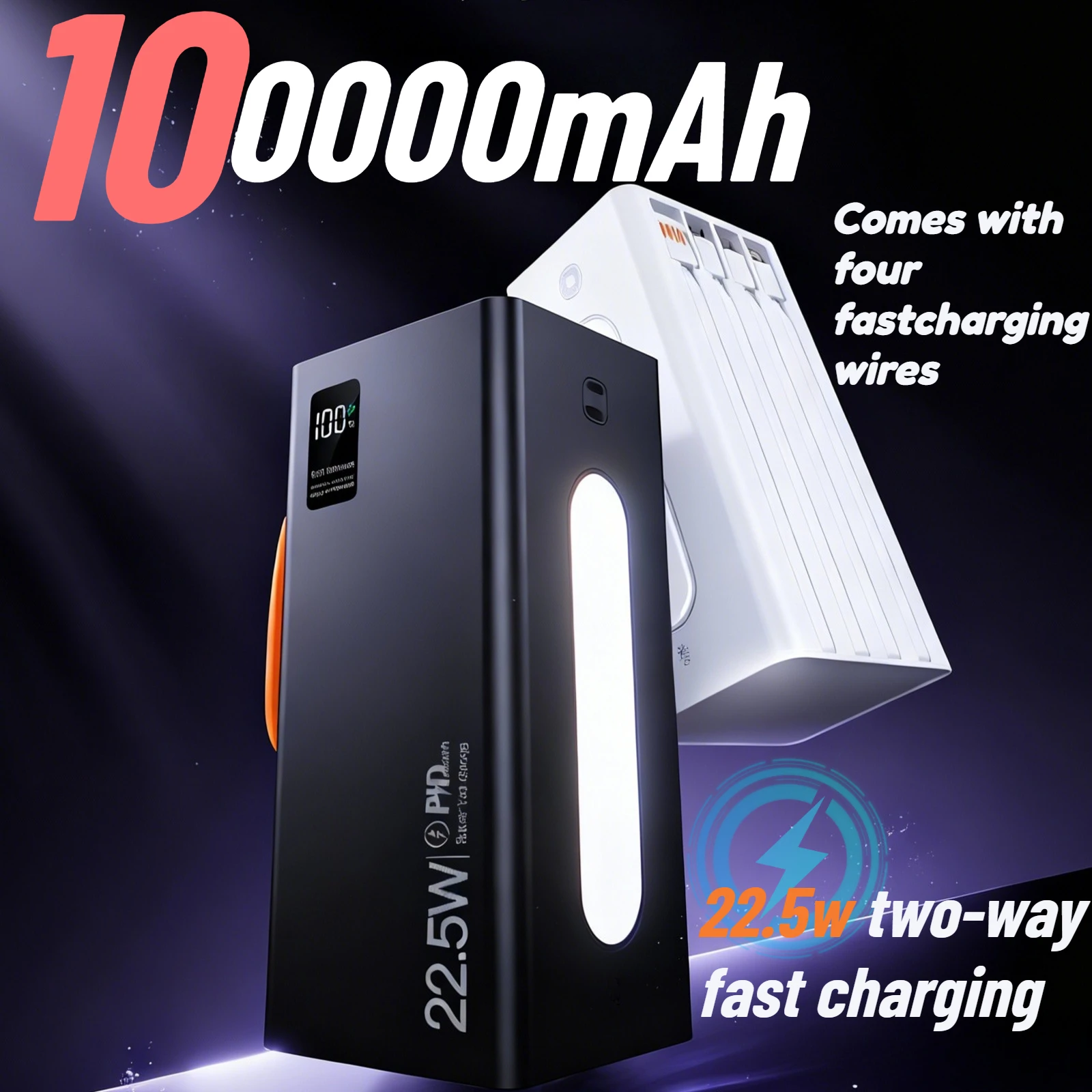 

50000mAh 120W Super Fast Charging Portable Power Bank with 4 Built-in Cables for IPhone Xiaomi Samsung Huawei