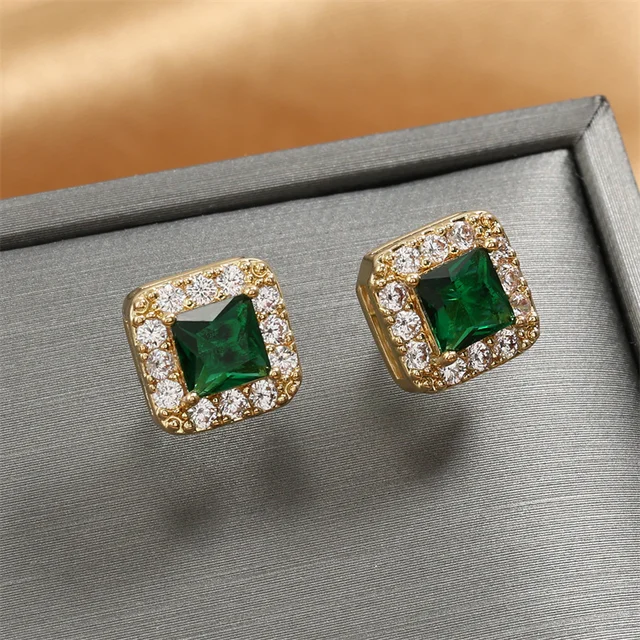 ZAKOL Vintage Green CZ Kolczyki sztyfty dla kobiet Złoty kolor Luksusowy ślubny kolczyk panny młodej Eleganckie akcesoria do uszu Biżuteria imprezowa
