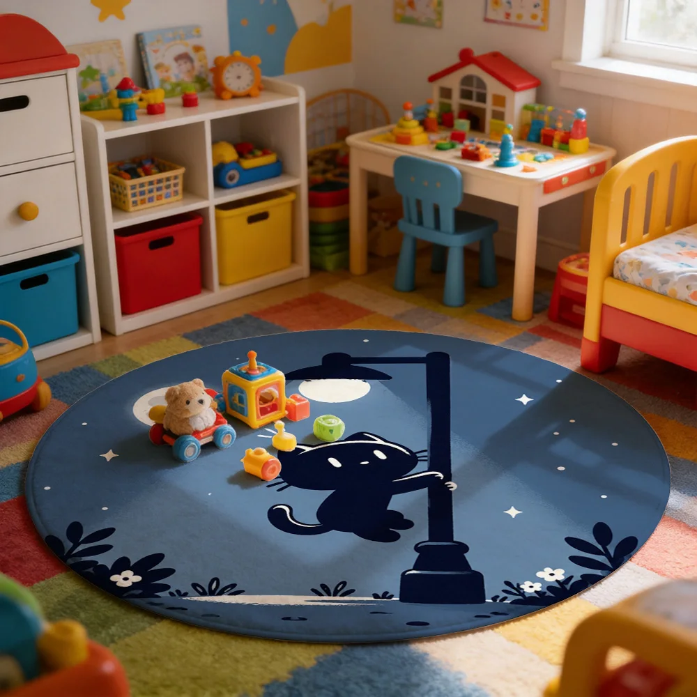 Cute Black Cat Under Streetlight Night Scene Round Area Rug for Living Room Nursery Decor Pet Lover Gift