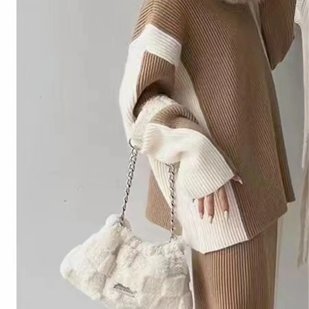 Black And White Color Contrast Two-Piece Set For Women In Autumn And Winter 2024 With A Lazy Style High Neck Knitted Sweater An