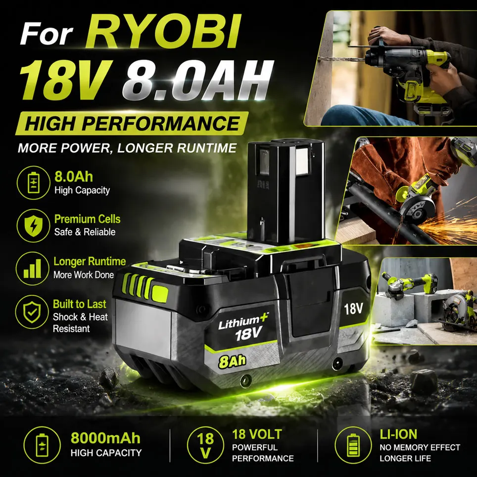 8,0Ah Akku für Ryobi 18V System P102 P103 P104 P105 P107 P108 P109 P122 P190 Li-Ionen Ersatz-Werkzeugakku