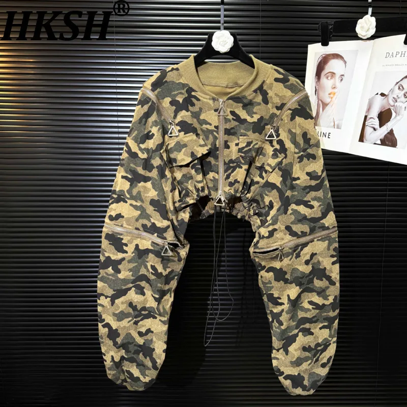

HKSH Spring Autumn New Women Short Jacket Camouflage Pleated Long Sleeve Stand Collar Zipper Streetwear Hip Hop Y2K Coat HK12264
