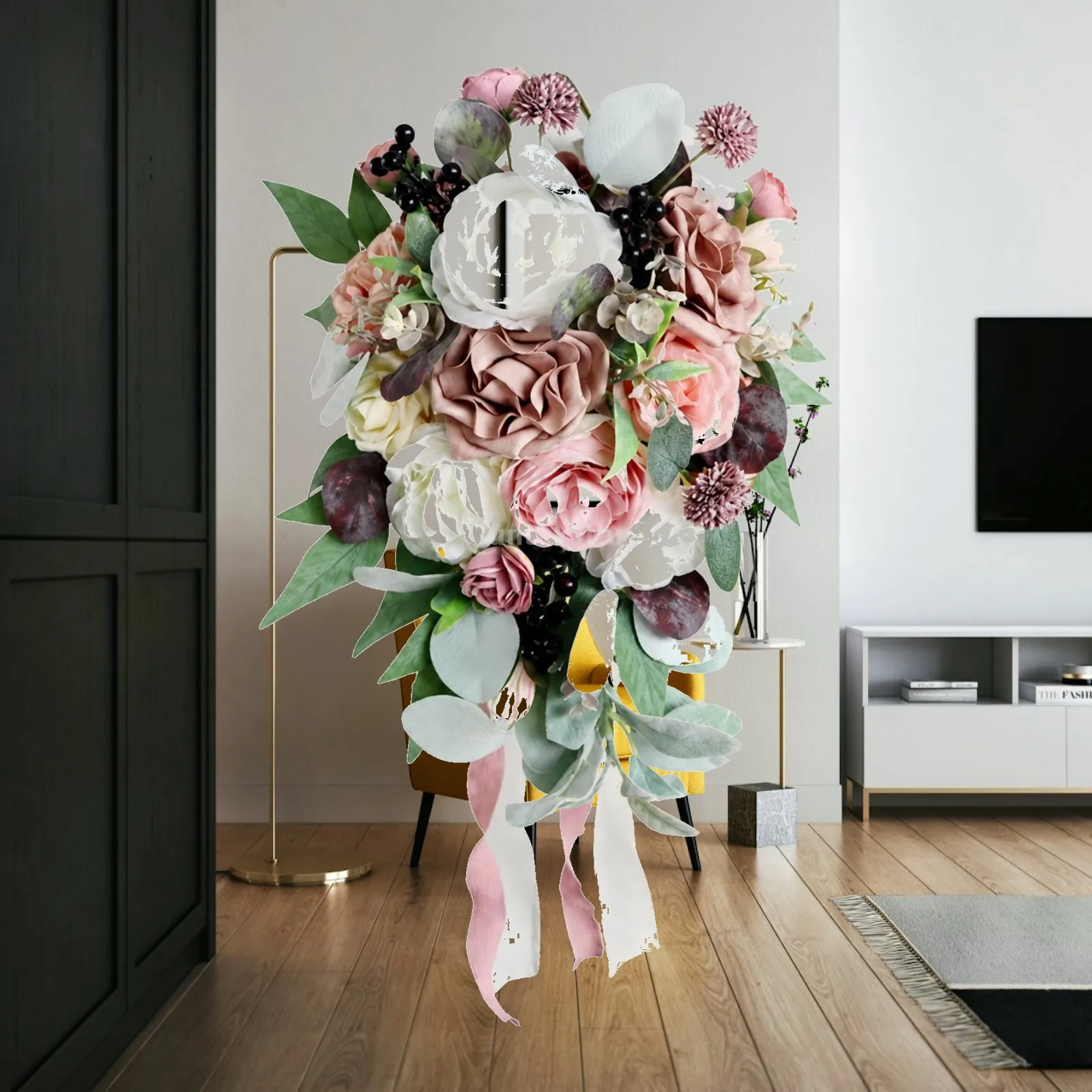 luxury-teardrop-bridal-bouquet-silk-flowers-with-dark-berry-accents-and-ribbons-for-wedding-event-decoration