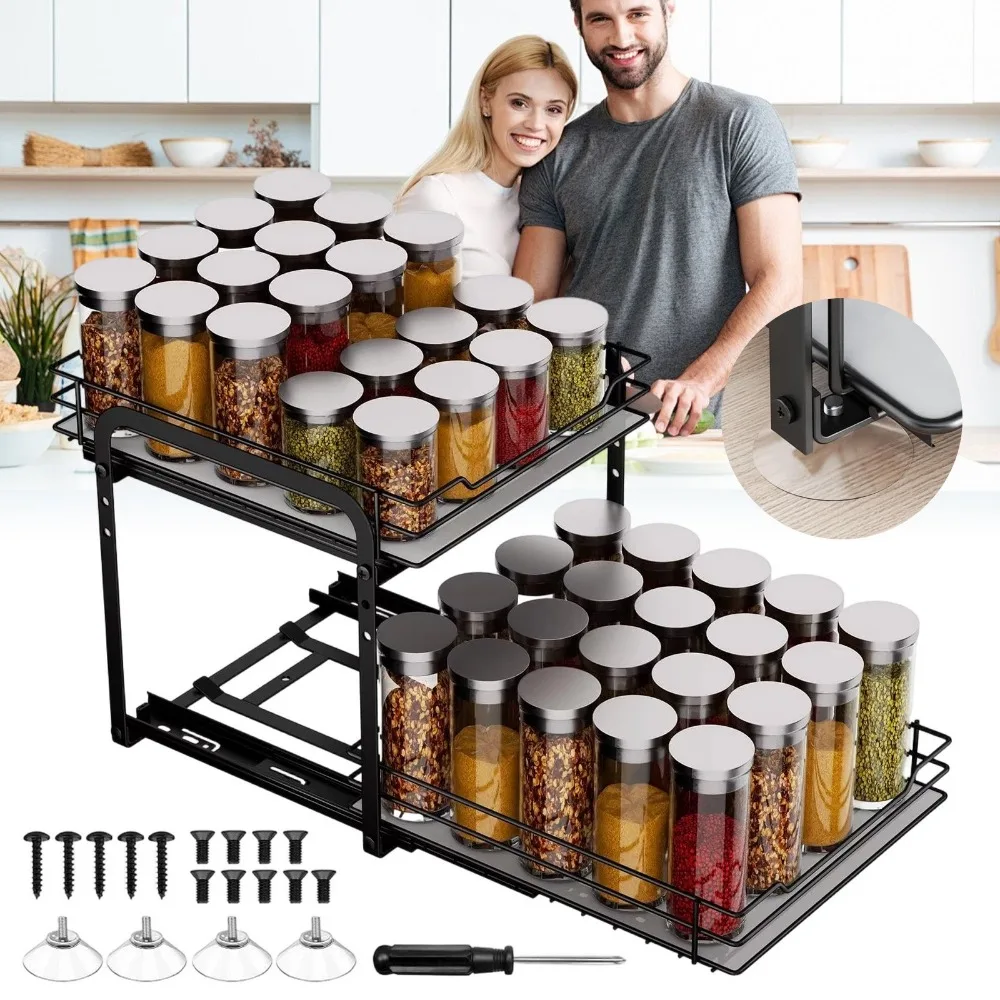 Étagère de rangement coulissante à deux niveaux, conception pratique à glissière pour un accès facile aux objets, utilisation fluide et flexible. Parfait pour la cuisine, la salle à manger, le rangement et la buanderie, il organise efficacement les objets divers et permet de gagner pleinement de l'espace de rangement intérieur.