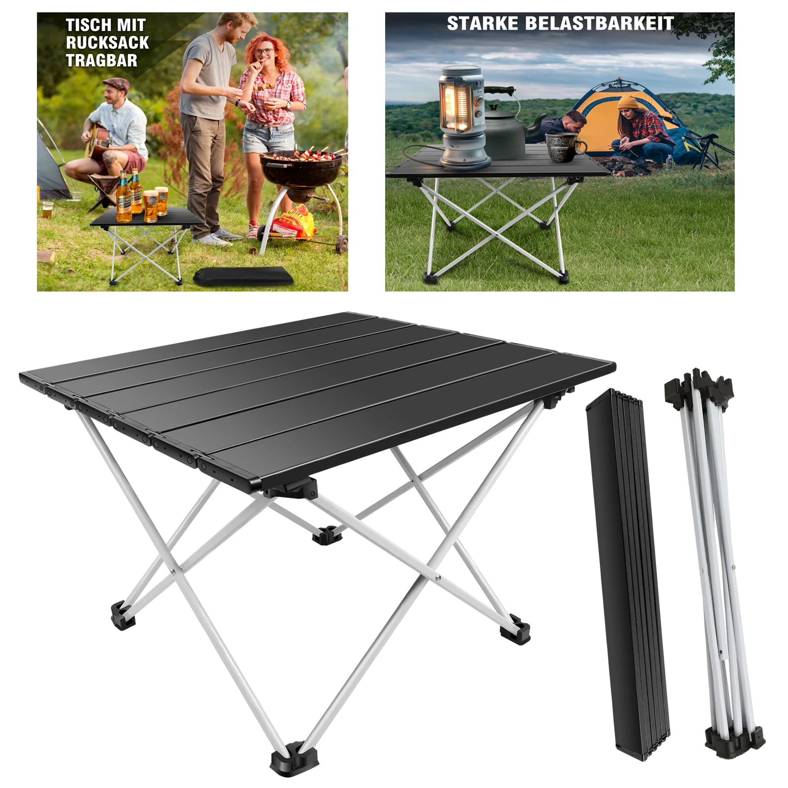 Mesa de Camping Plegable, Ligera con Superficie de Aluminio y Bolsa de Transporte, Fácil de Llevar, Perfecta para Picnic, Playa, Senderismo, Pesca, Cocina al Aire Libre, Negro Tamaño Pequeño, TOP Ventas