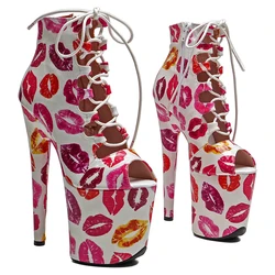 Leecabe  20CM/8inches  Lip print  PU  upper  open toe  High Heel platform ankle  Trend fashion stripper heel  Pole Dance booties