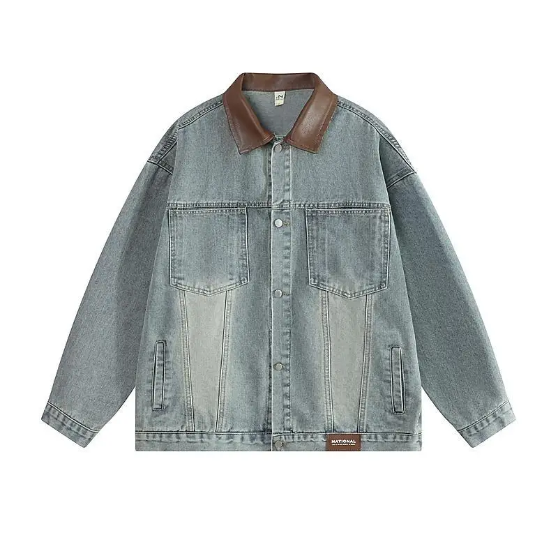 

Men's Vintage Denim Jacket, PU Leather & Denim Workwear Coat with Notched Collar