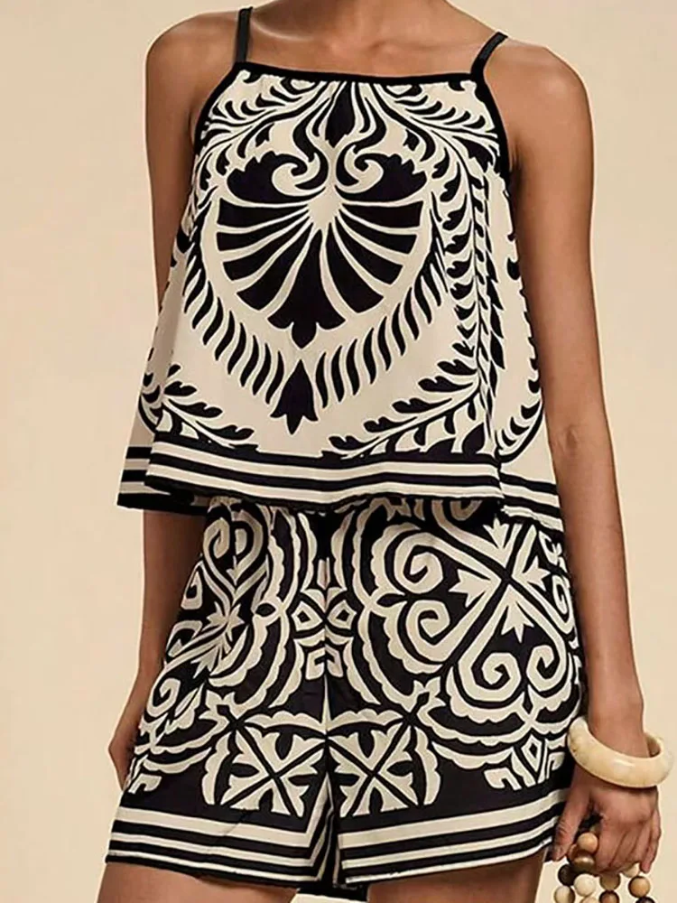Sexy Square Collar Sling Vest Top And Shorts Set Vintage Pattern Print Slim Vacation Outfit for Women Summer Sleeveless 2pc Suit