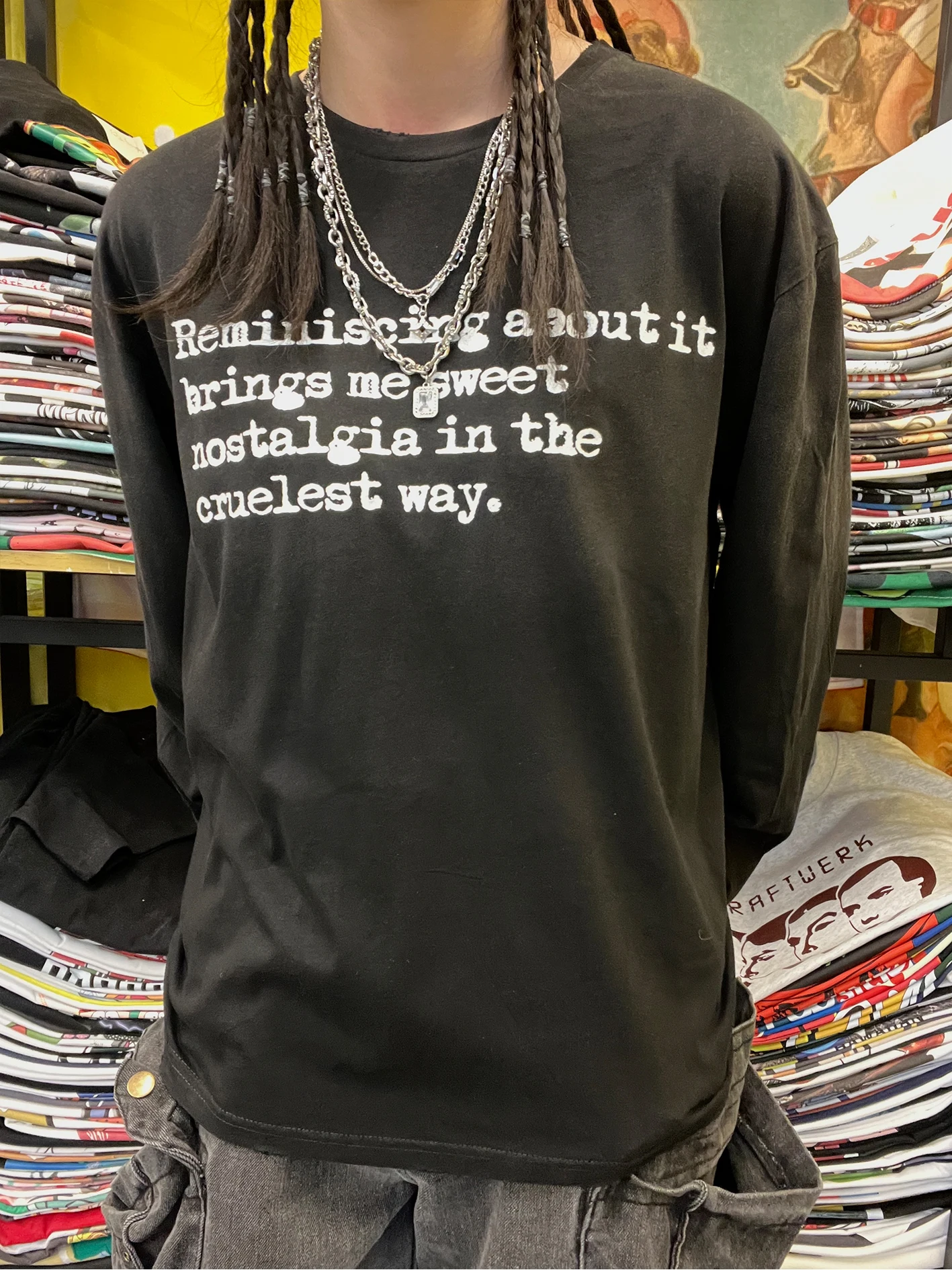 Retro Lettering Couple Matching T-Shirts Dirty Design Unisex Long Top Trendy Vintage Style Cotton Spandex Blend