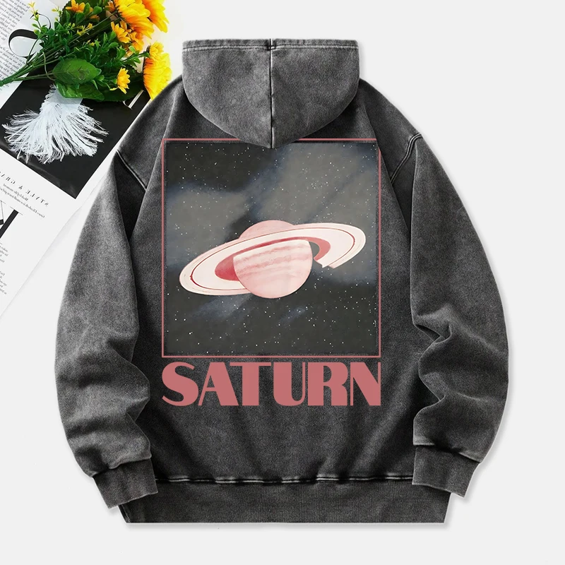 Saturn Washed Hoodies Women Retro Planet Prints Cotton Streetwears Comfortable Pocket Oversized Pullovers Fashion Womans Clothes