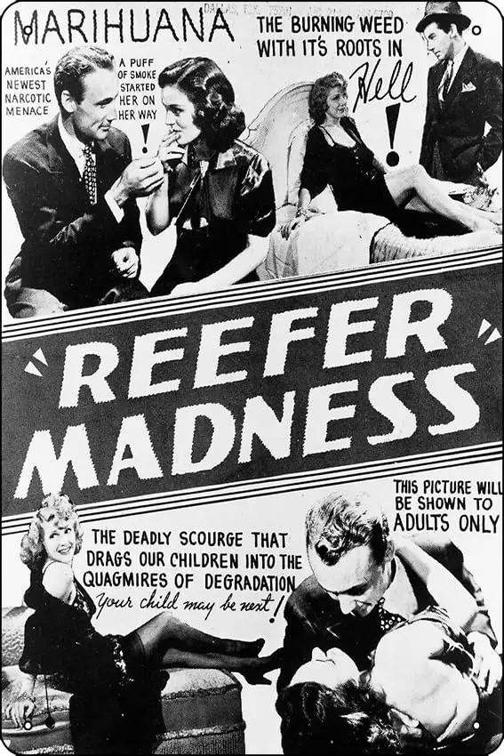 1p,Reefer Madness Black-and-white Poster Metal Tin Sign  Funny Man Cave Home Office Bar Decor