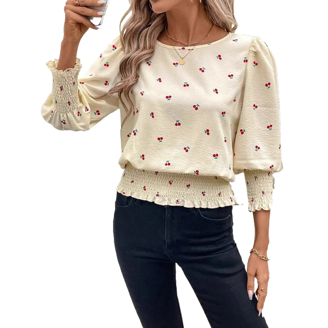 

Spring New Casual Cartoon Cherry Printed T-shirt Fashion Round Neck Lantern Sleeves Elastic Waist Pleated Solid Pullover Top