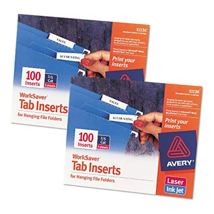 : Laser/Inkjet Inserts for Hanging File Folders, 1/5 Tab, 2in, White, 100/Pack -:- Sold as 2 Packs of - 100 -/ - Total of 200 E