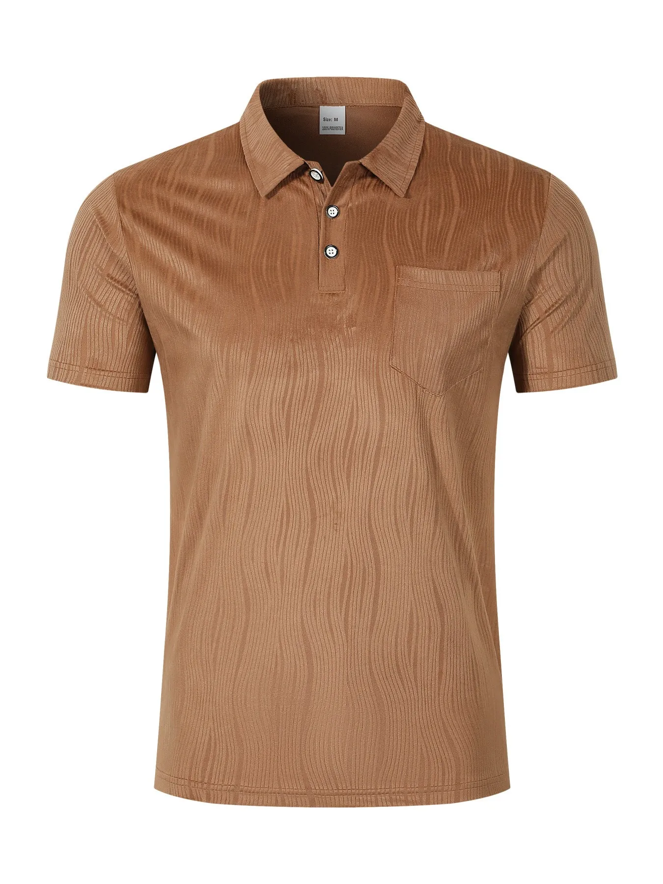 Men's Wavy Corduroy Textured Short Sleeve Polo Shirt, Lapel Collar, Button Placket With Pocket, Breathable Casual Summer Top