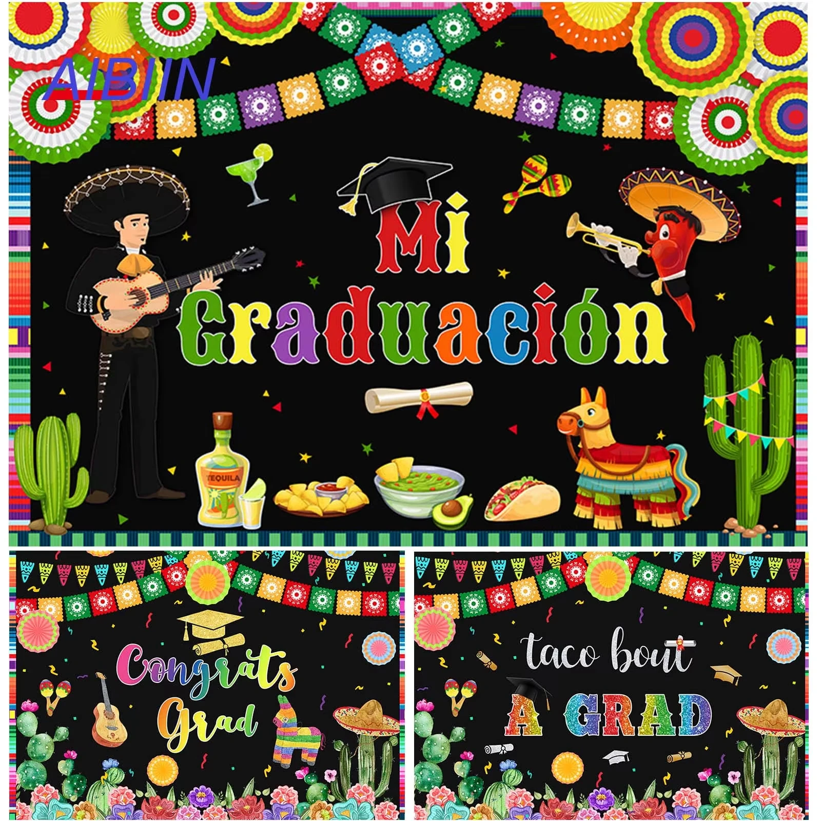 

Mexican Graduation Backdrop Colorful Flowers Congrats Grad Guitar Cactus Alpaca Party Decor Graduate Photography Background Prop