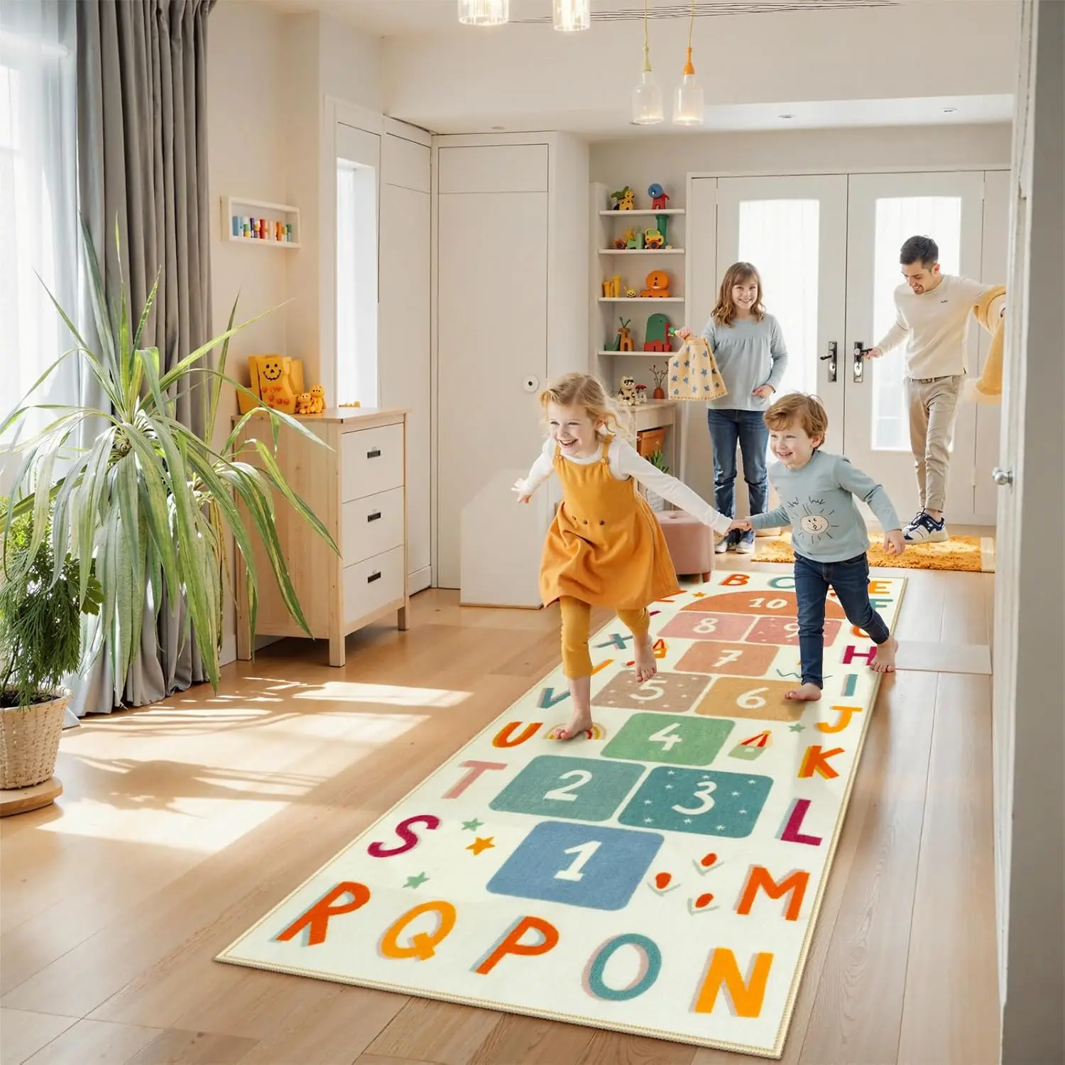Washable Hopscotch Kids Rug Colorful ABC & Number Educational Play Mat Non-Slip Game Carpet for Playroom Bedroom & Nursery