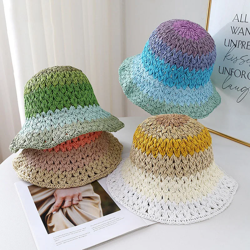 

Women Summer Straw Hat Dopamine Colored Gradient Woven Breathable Hat Beach Vacation Sun Hat Showing Face Small Fisherman Cap