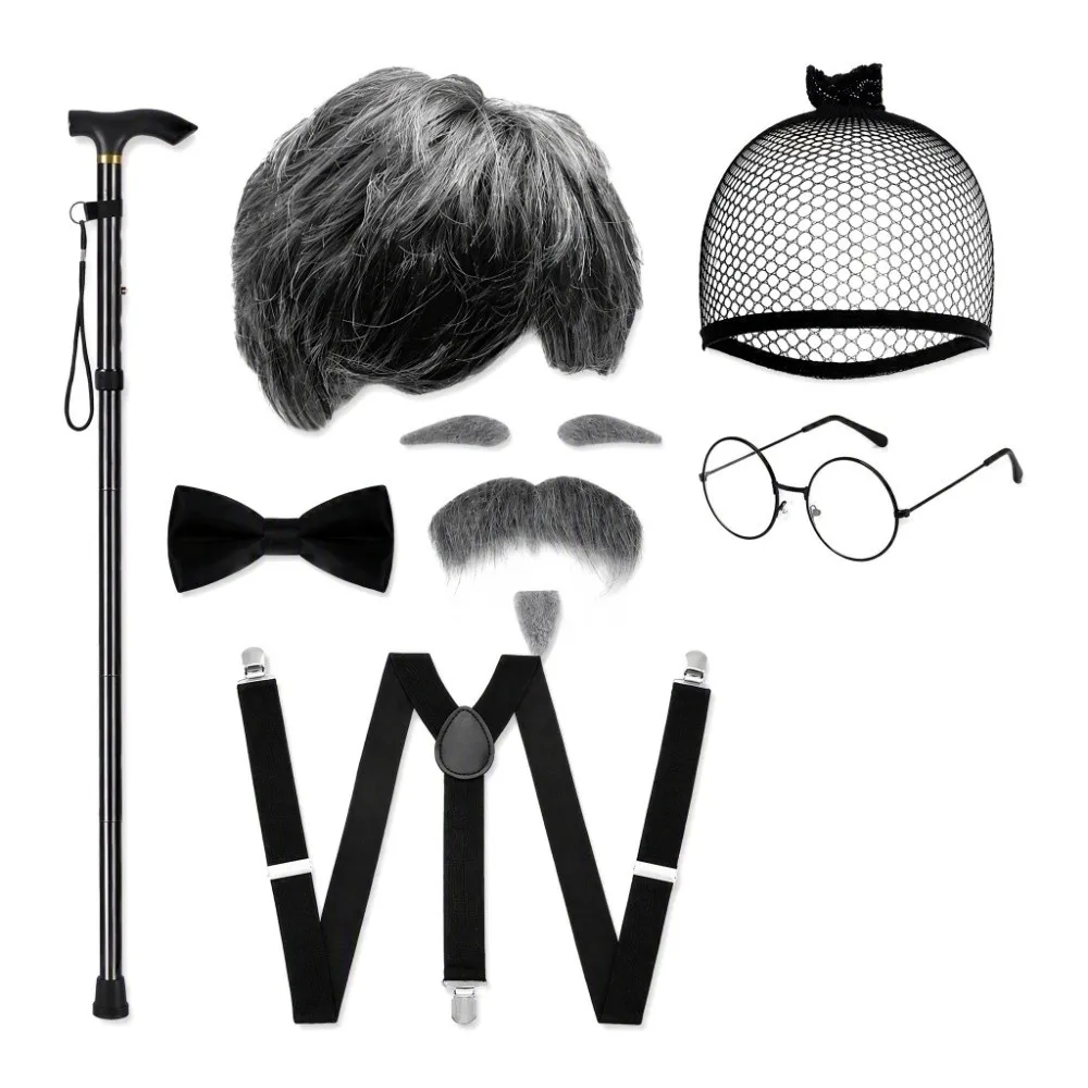 Accessory Set Grandpa Costume Set Party Performance Hat Glasses Suspenders Old Man Wig Stage Performance Role‑Play Props