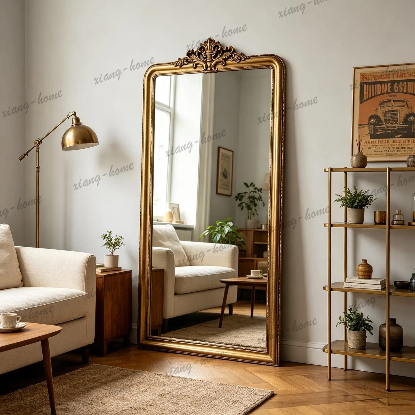 PG French retro full-body floor mirror American home cloakroom clothing store engraved fitting mirror
